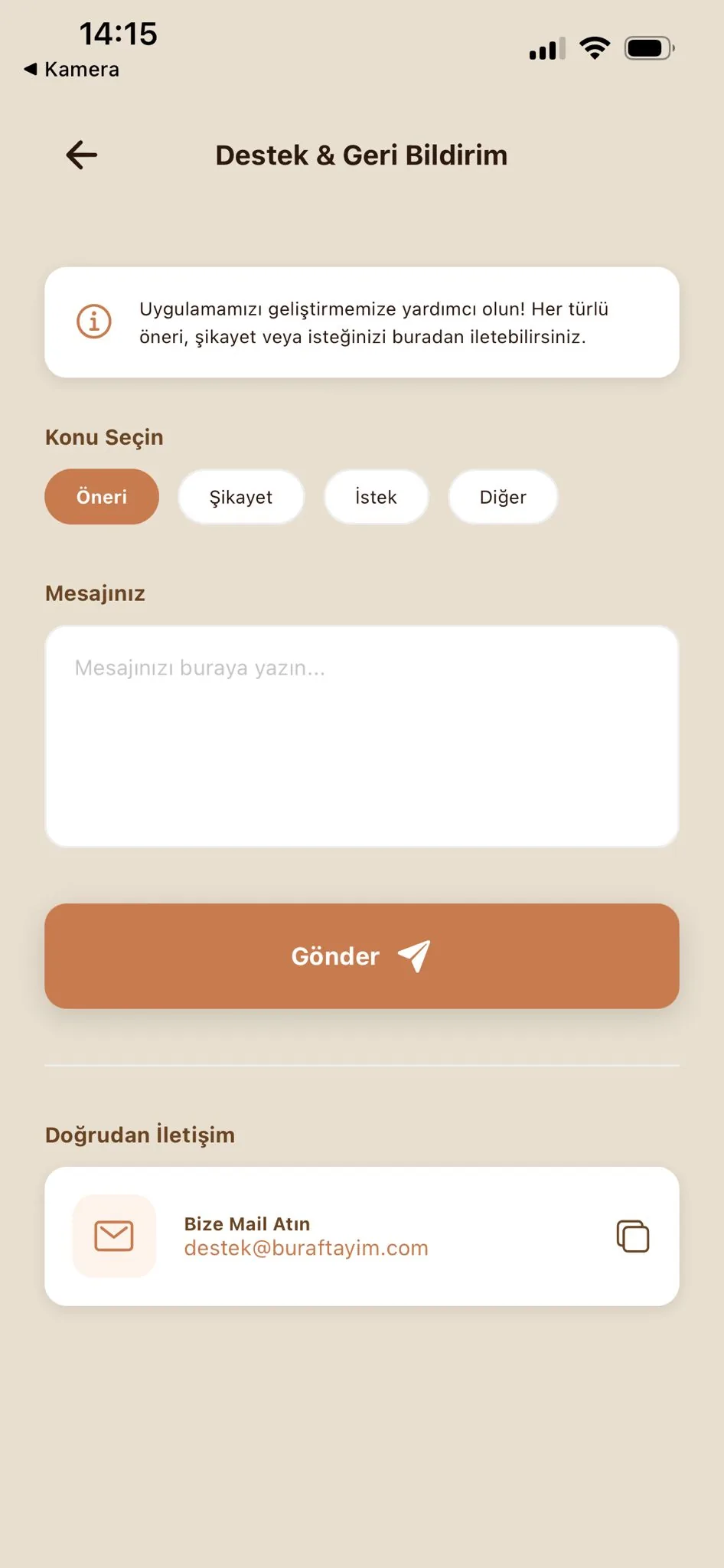 Buraftayım uygulaması destek ekranı