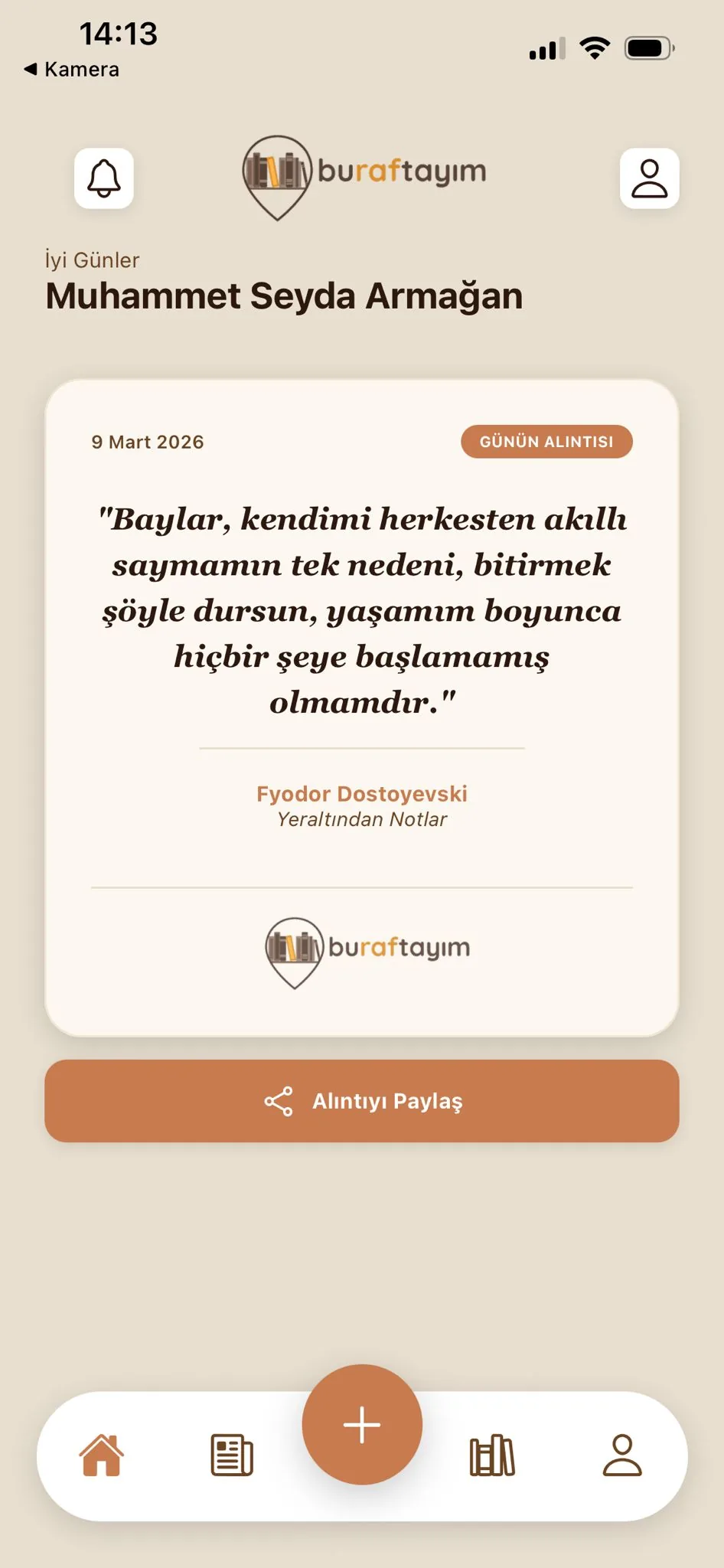 Buraftayım uygulaması kitap alıntıları ekranı