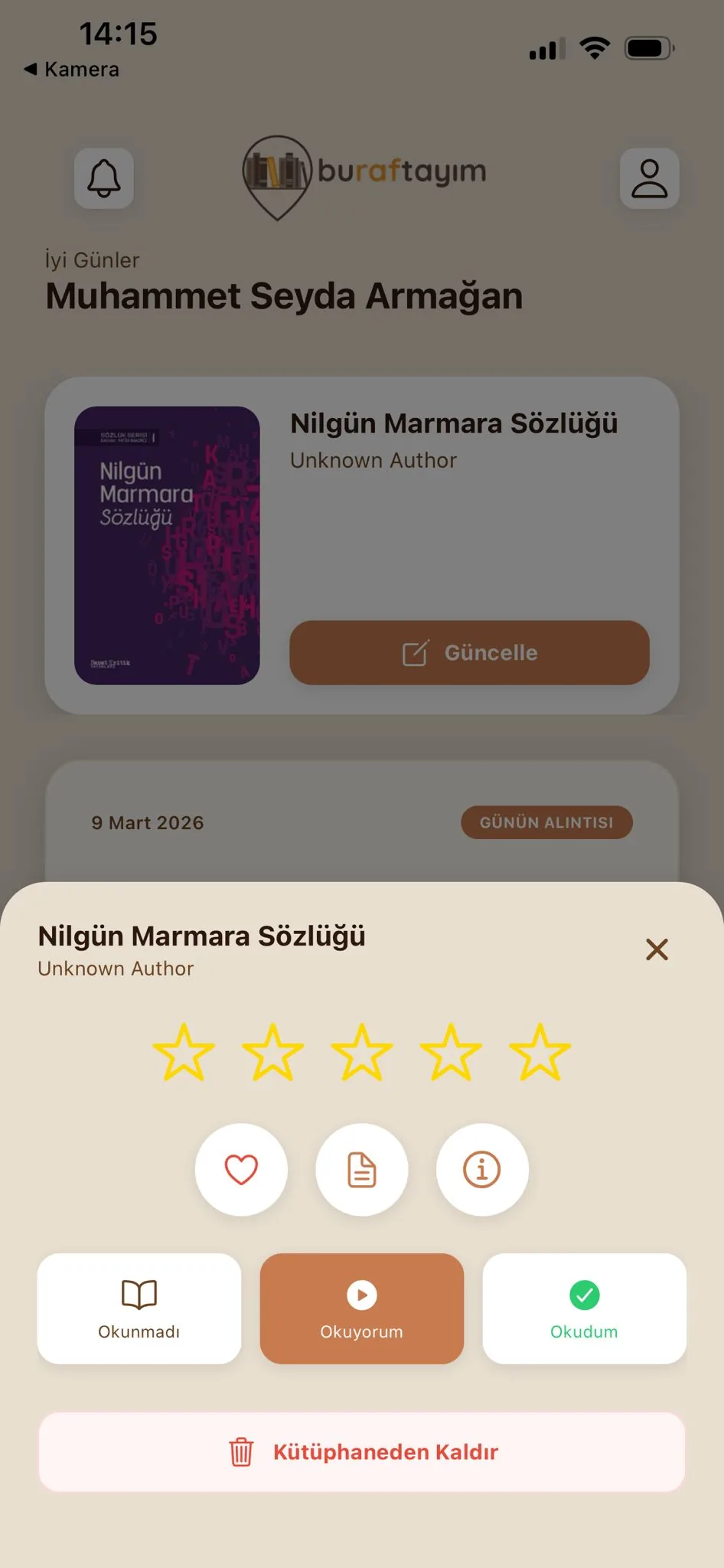 Buraftayım uygulaması kitap yönetim ekranı